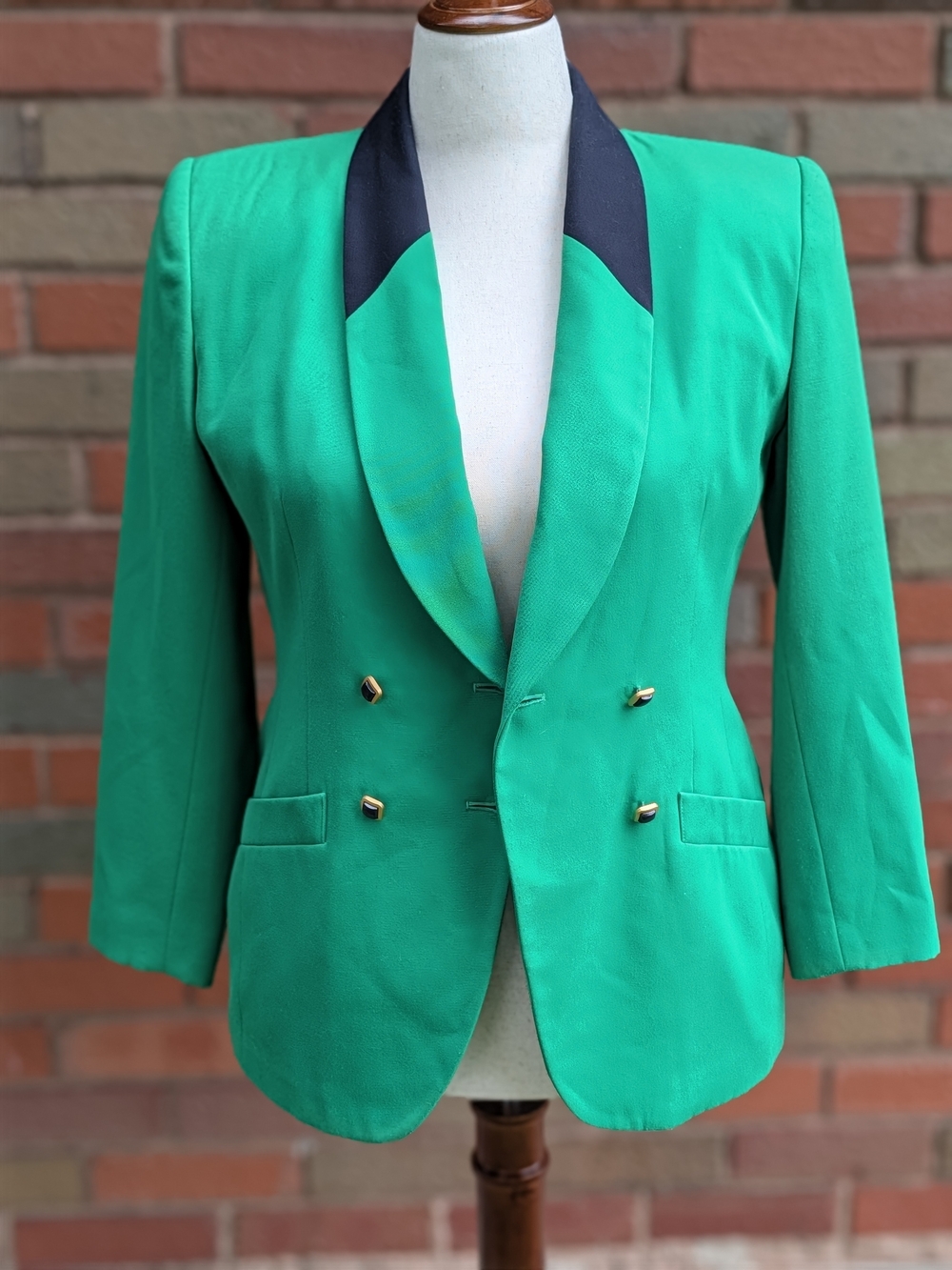 Kasper ASL Petite 8P Emerald Green Black Colorblock Vintage Power Blazer